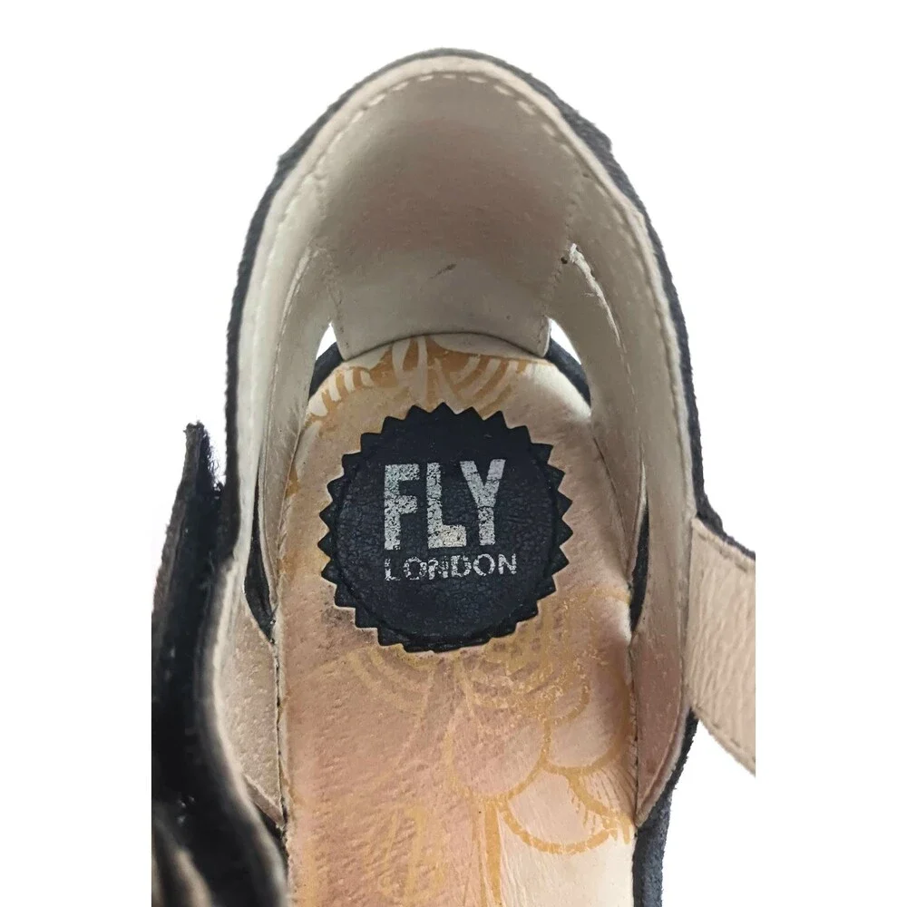 FLY London Rese730Fly Blk Leather Strappy Wedge Sandal Ankle Strap 39/8-8.5